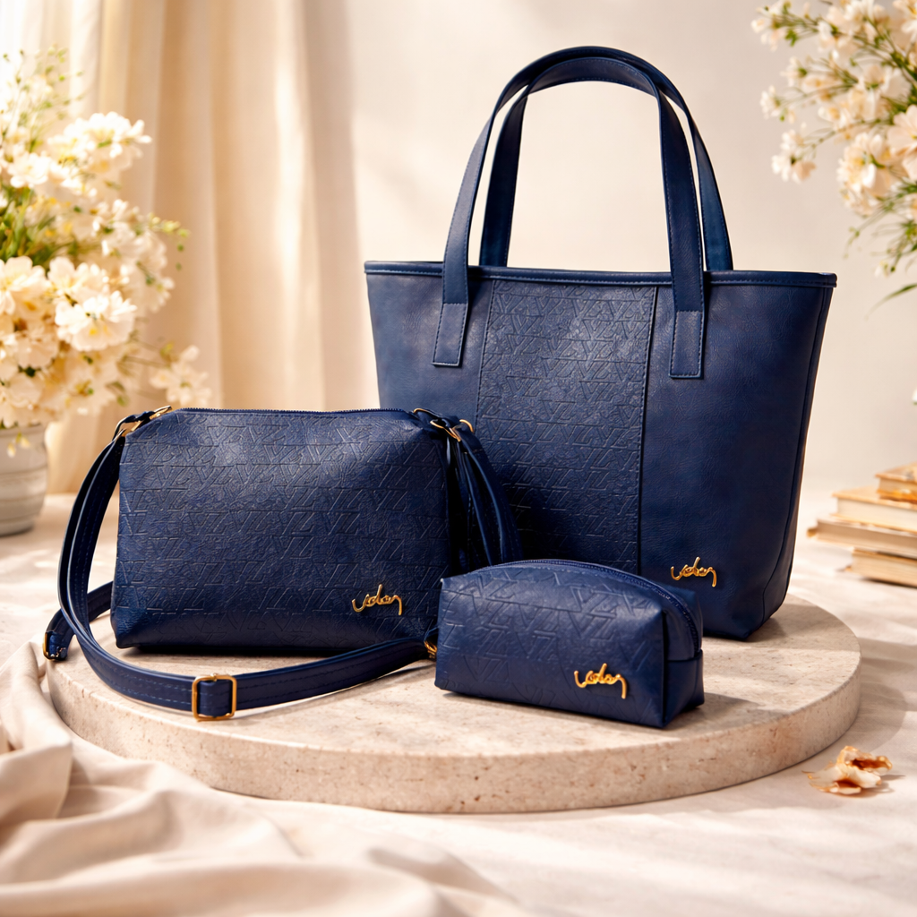Elegancia en cuero azul marino Combo 3 en 1 Mujer Velez 🎁